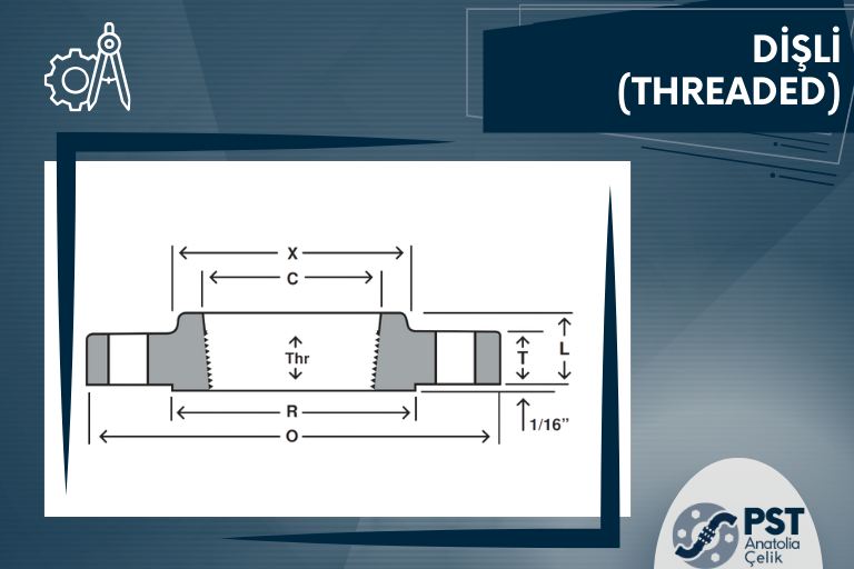 dişli (threaded) flange çizim